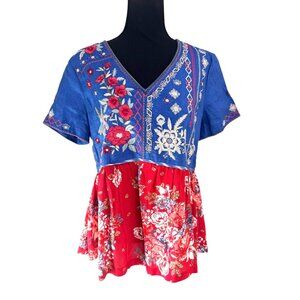 John Mark Women Chambray Blue Red Floral Embroidered Linen Cottage Peasant Top M